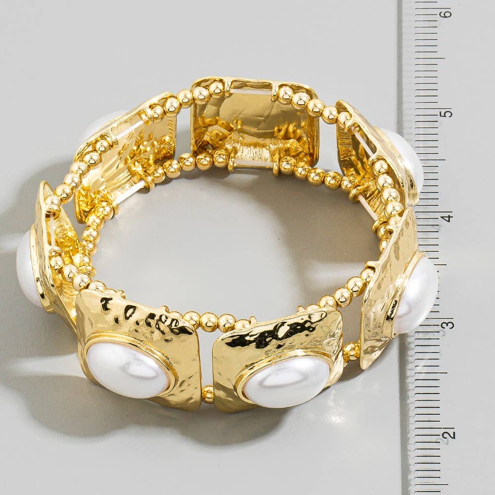 Hammered Square & Pearl Stretch Bracelet