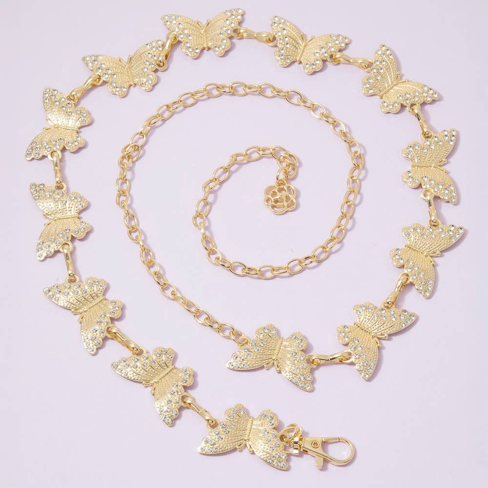 Gold Cz Rhinestone Butterfly Link Chain Belt