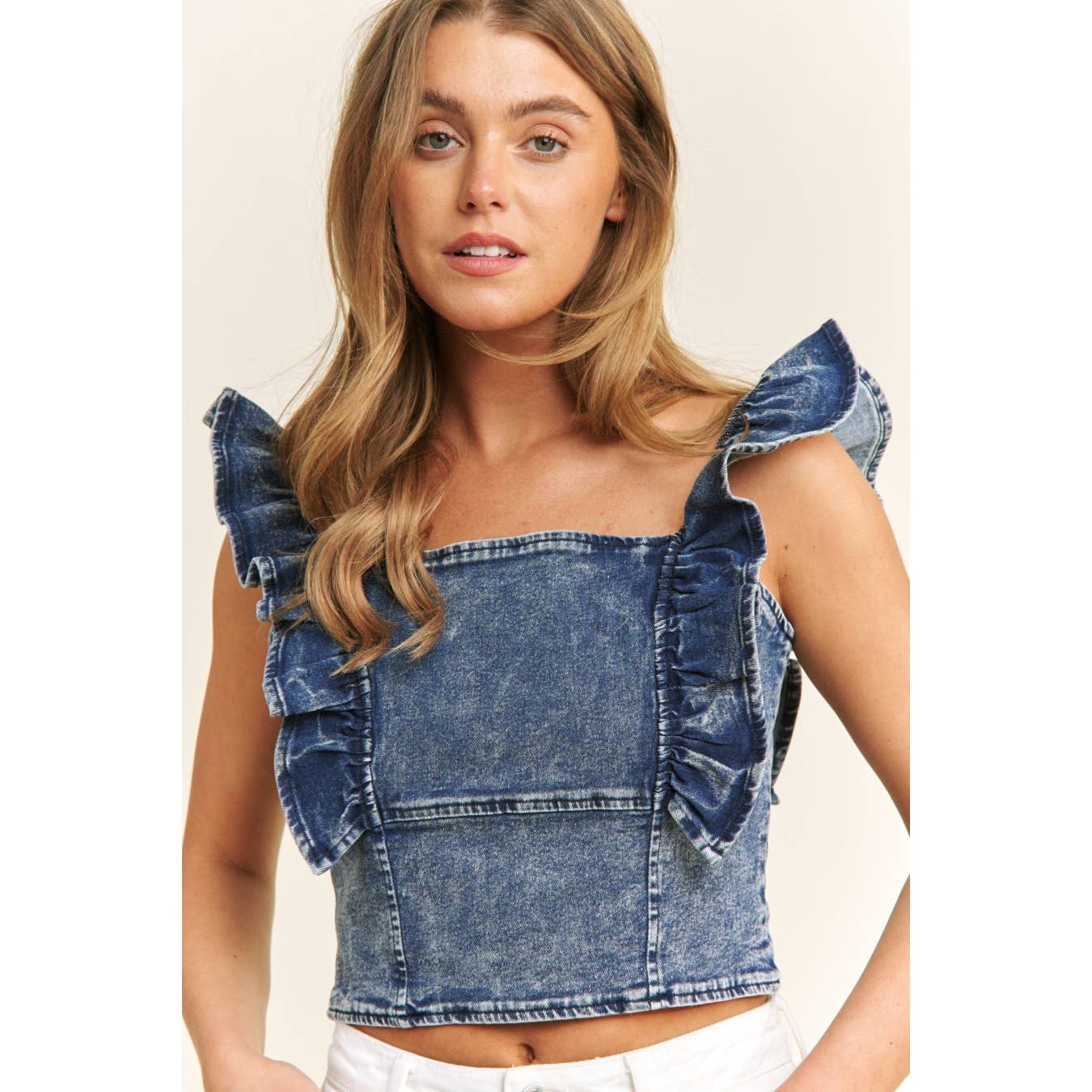 DENIM SQUARE NECK RUFFLE SLEEVES FITTED CROP TOP