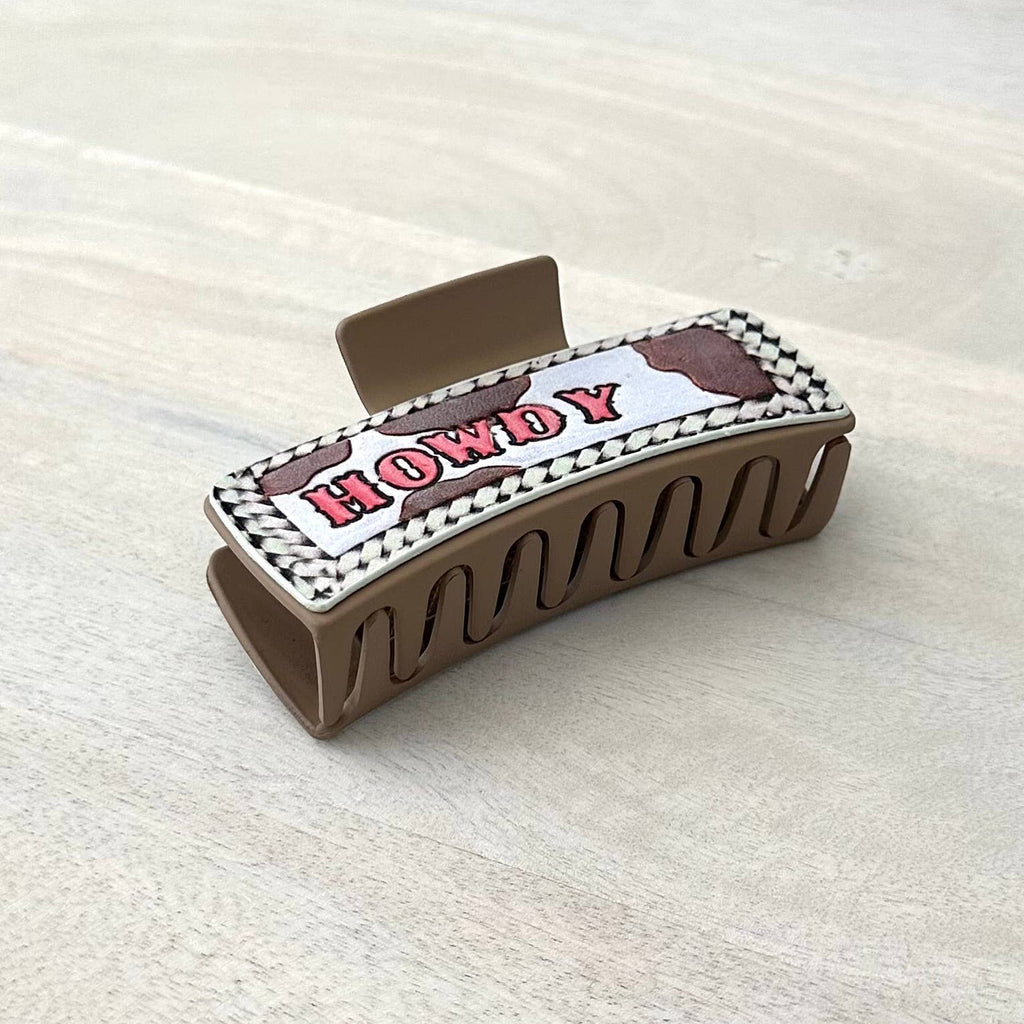 Western Hair Clip Leather Claw Pink "Howdy"