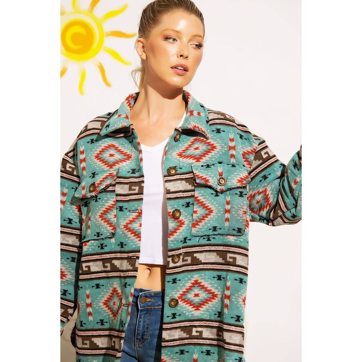 TRIBAL AZTEC PATTERN BUTTON DOWN SHIRT JACKET
