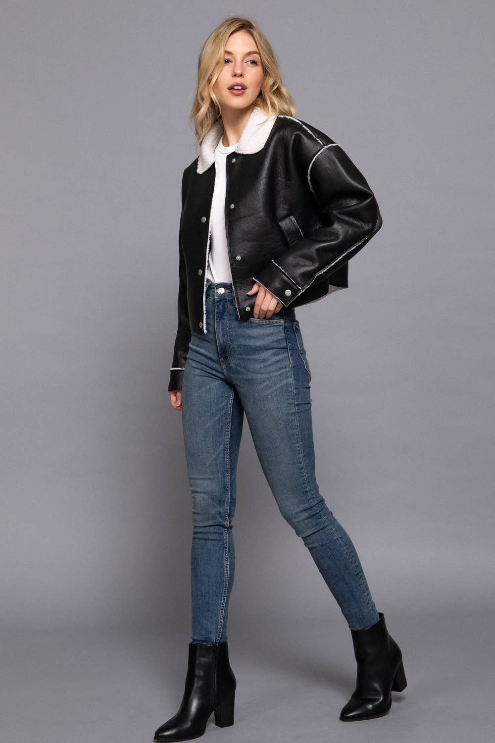 Long Sleeve Faux Leather Inner Fur Jacket