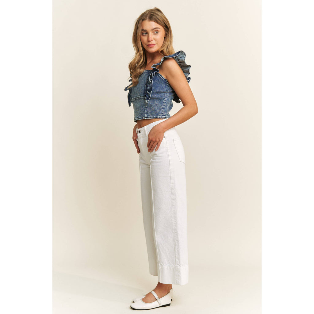 DENIM SQUARE NECK RUFFLE SLEEVES FITTED CROP TOP
