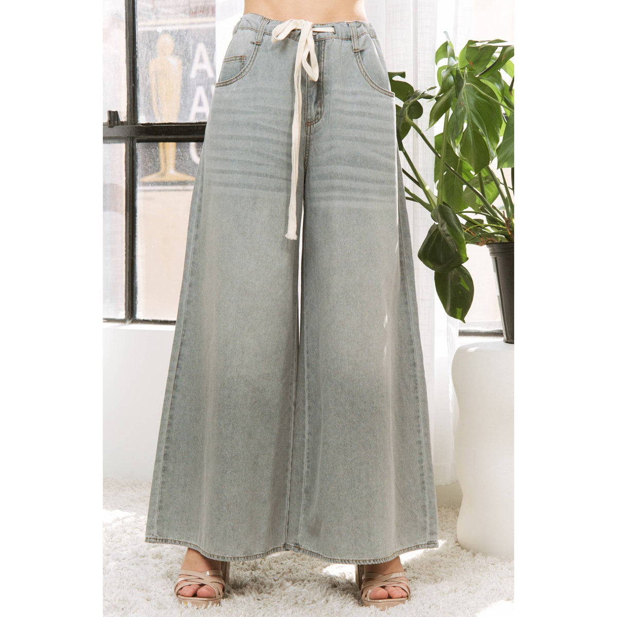 DENIM WIDE LEG OPENING PANTS WITH DRAWSTRING