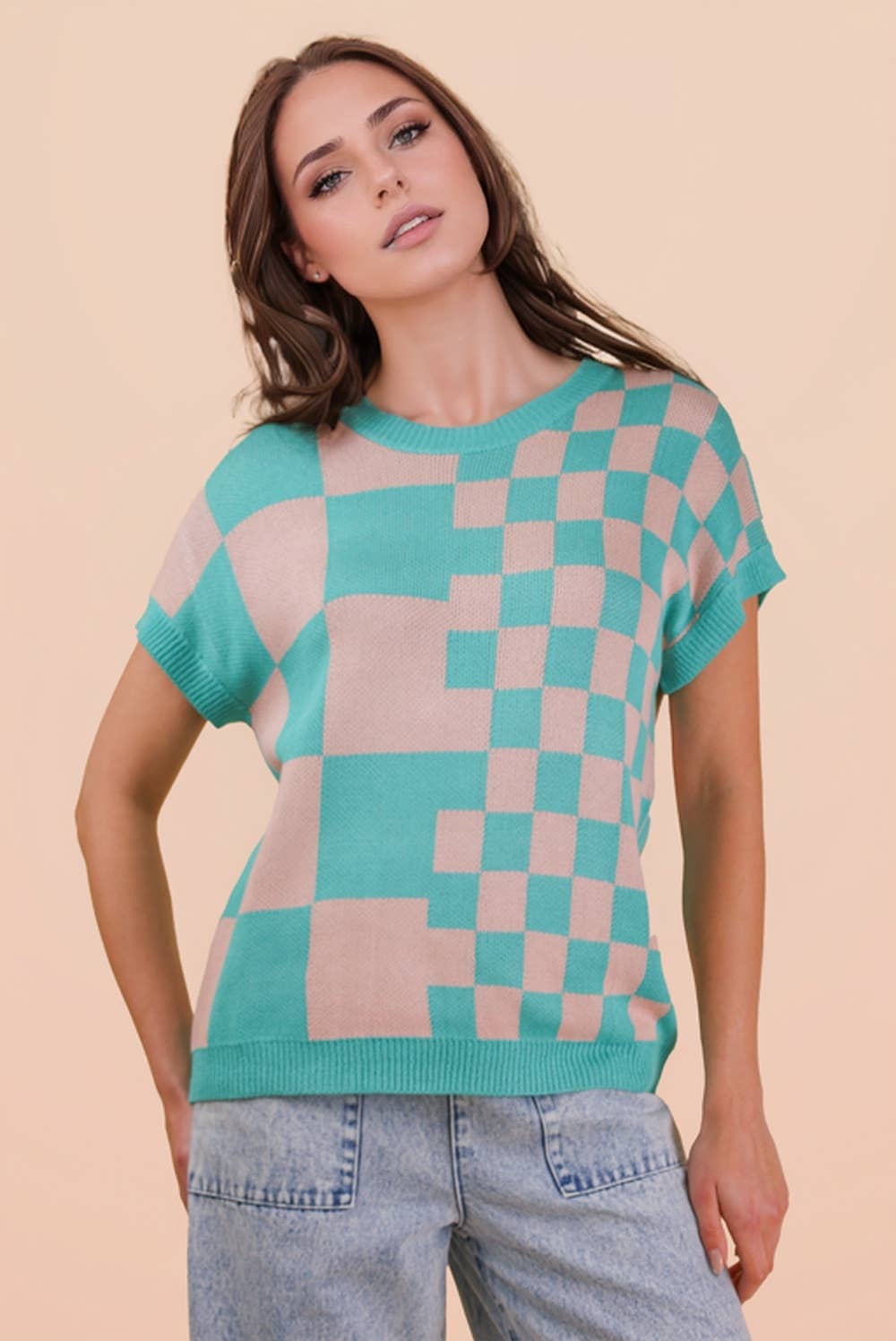 Dolmen Sleeve Checkered Knit Casual Sweater Top