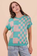 Dolmen Sleeve Checkered Knit Casual Sweater Top