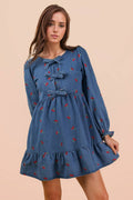 Soft Washed Denim Cherry Casual Mini Dress