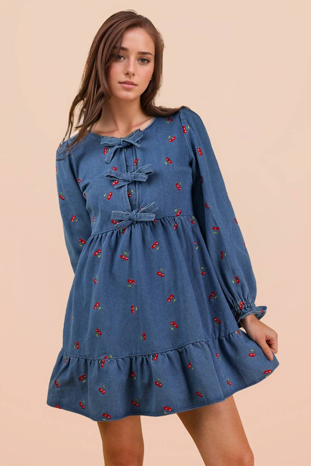 Soft Washed Denim Cherry Casual Mini Dress