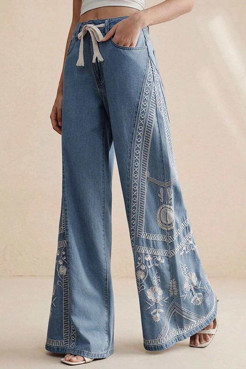 Embroidered Floral Wide Leg Jeans