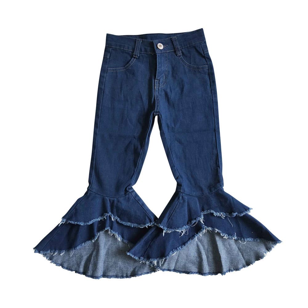 Baby girls navy double ruffle bell pants denim jeans