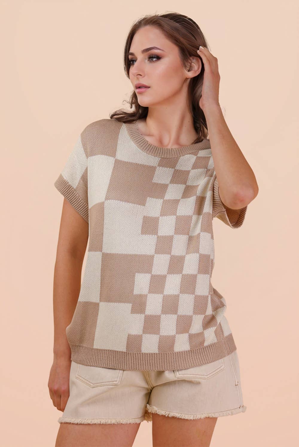 Dolmen Sleeve Checkered Knit Casual Sweater Top