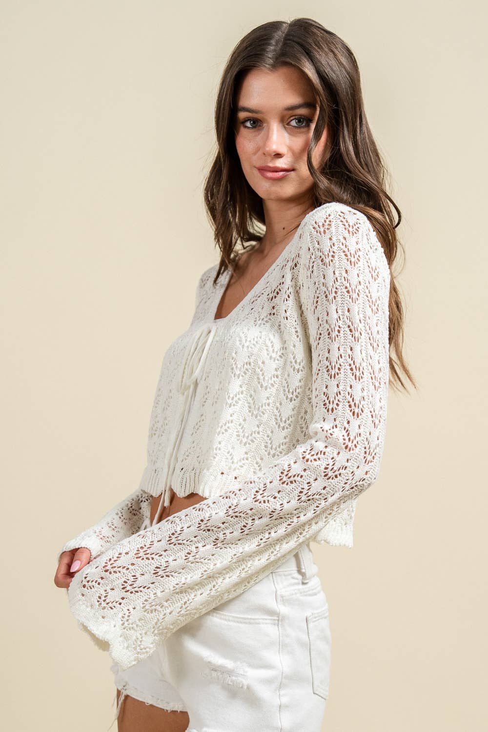 CROCHET OPEN KNIT POINTELLE CROP CARDIGAN