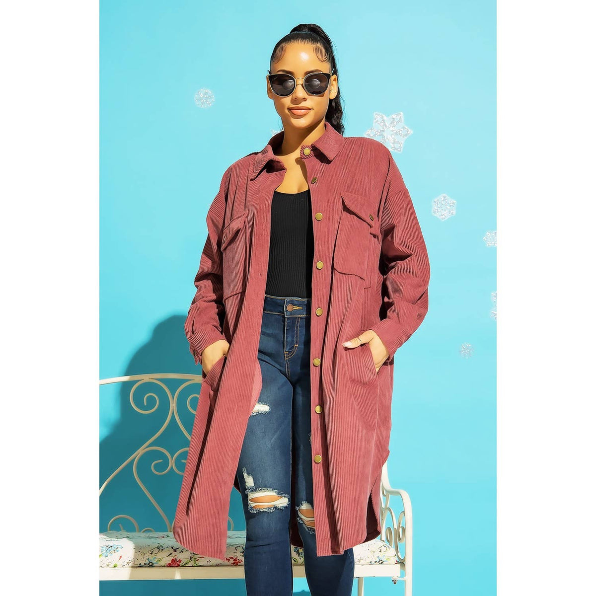 LONG CORDUROY BUTTON DOWN SHIRT JACKET SHACKET