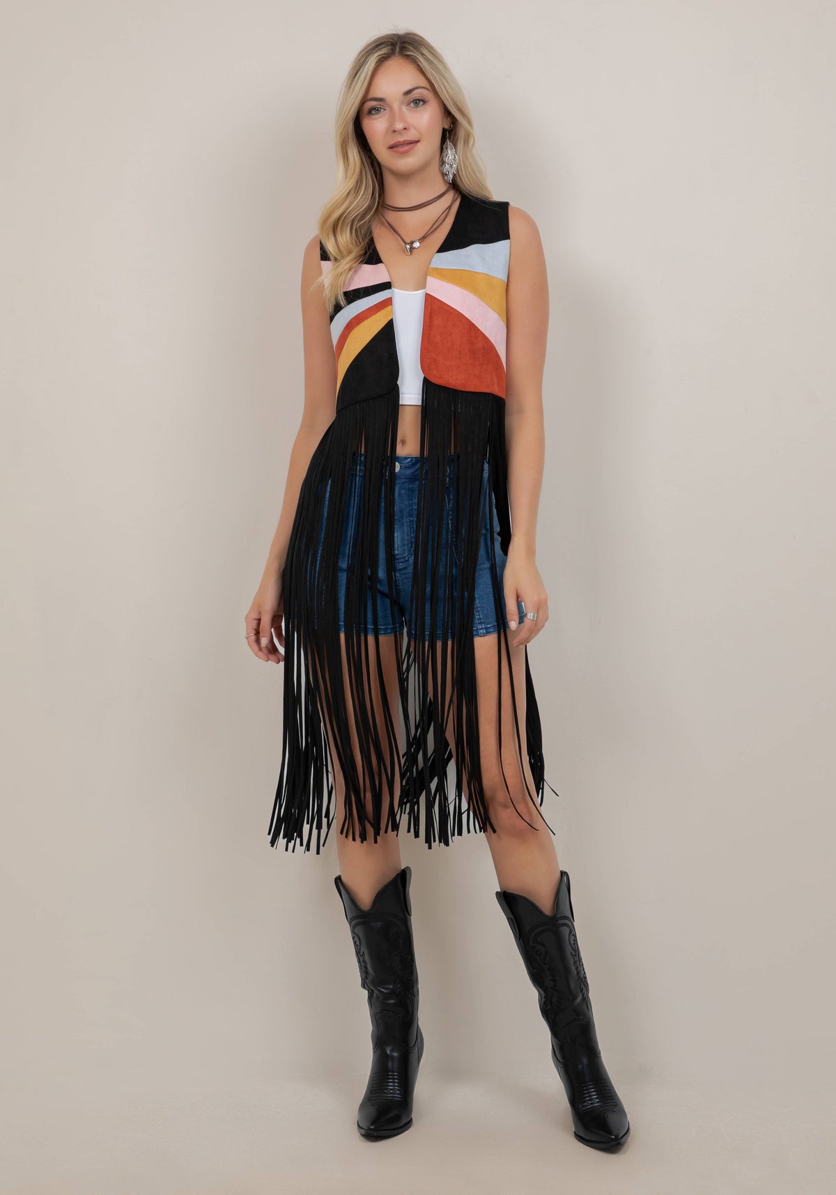 BLACK MULTI COLOR PATCH LONG FRINGE VEST