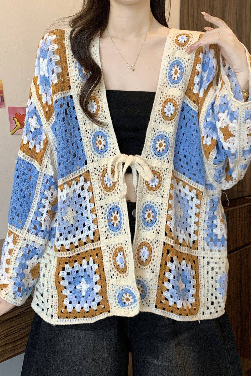 Crochet Hollow Tie Front Knit Cardigan