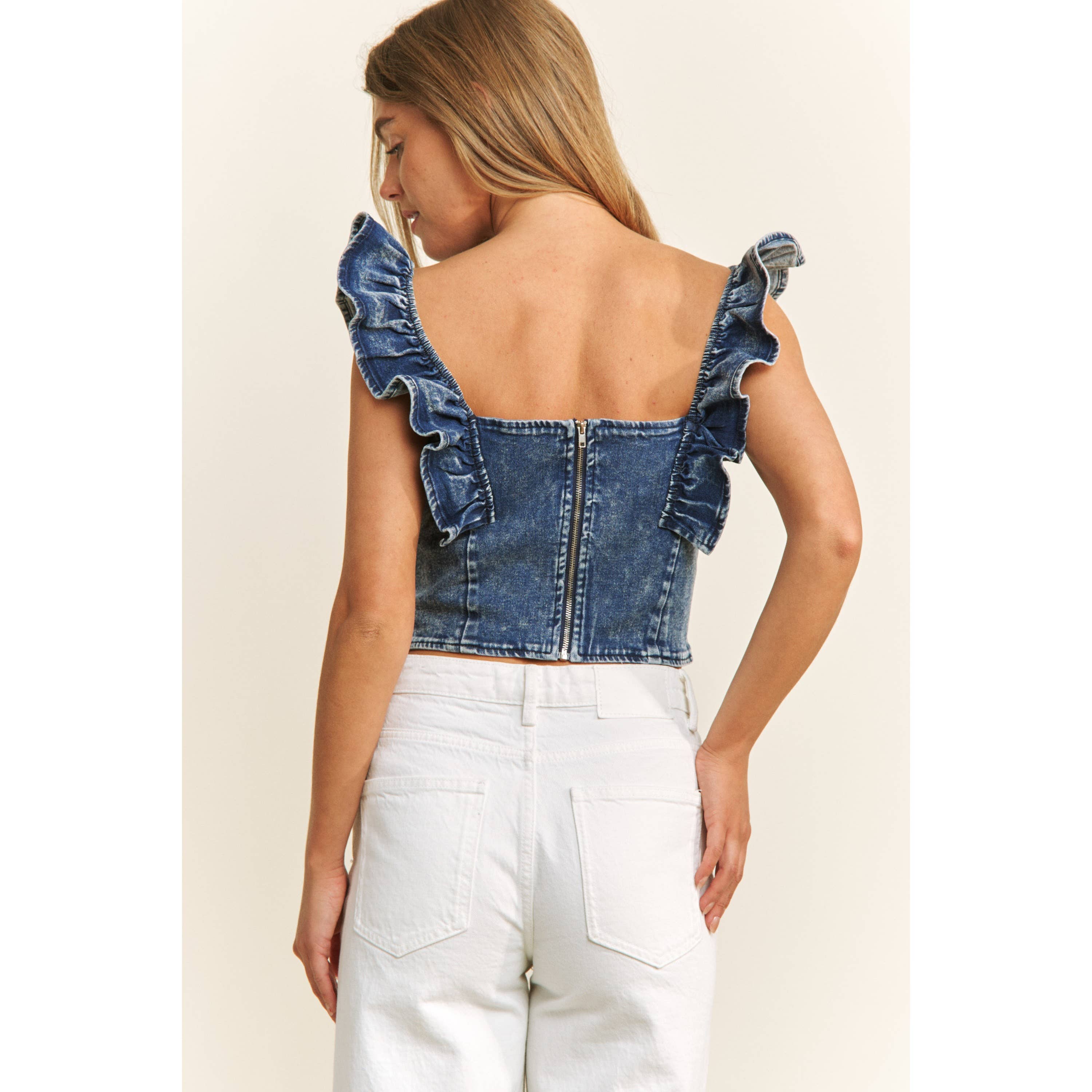 DENIM SQUARE NECK RUFFLE SLEEVES FITTED CROP TOP