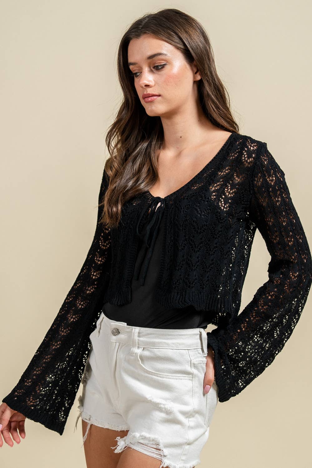CROCHET OPEN KNIT POINTELLE CROP CARDIGAN