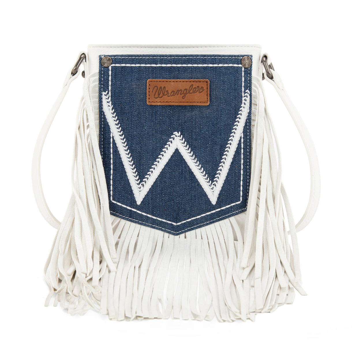 Wrangler Leather Fringe Jean Denim Pocket Crossbody - Beige
