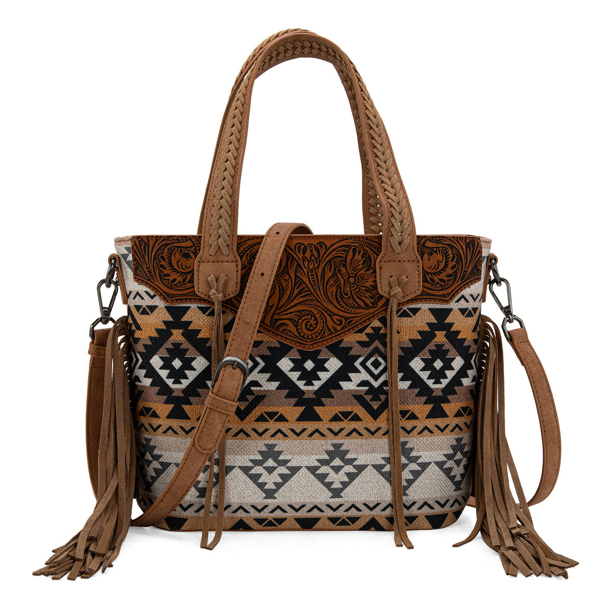 Montana West Tooled Aztec Tote/Crossbody- Tan
