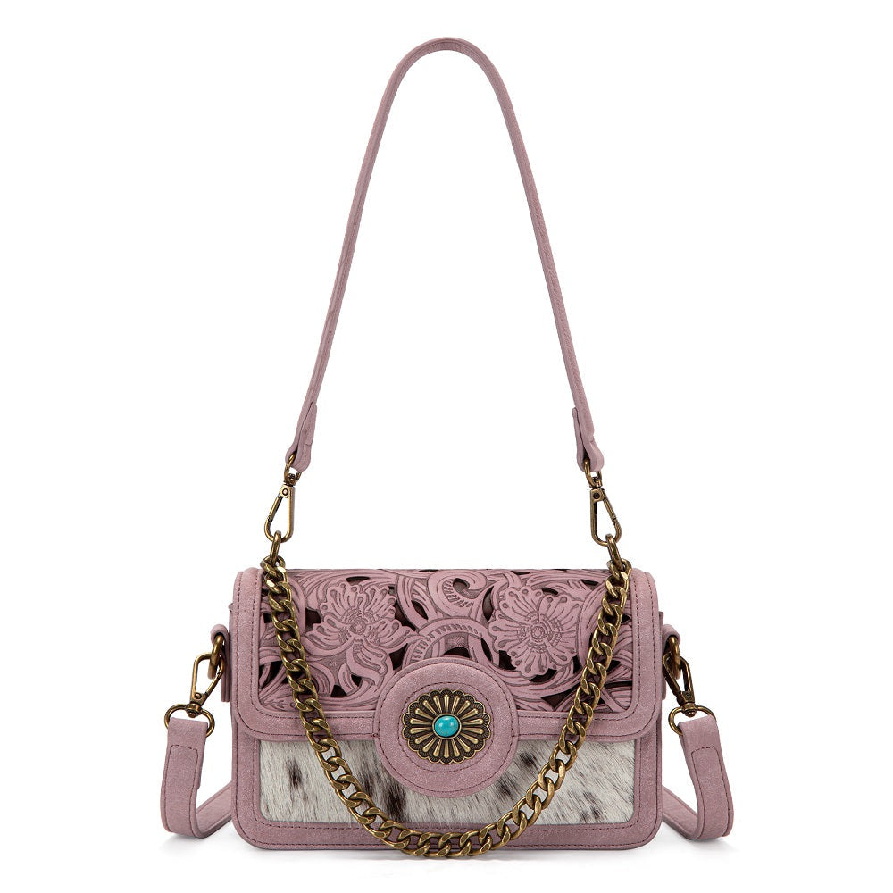 Trinity Ranch Cowhide Floral Cutout Crossbody Bag - Dark Pink