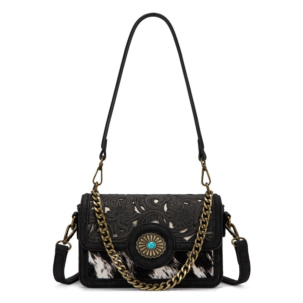 Trinity Ranch Cowhide Floral Cutout Crossbody Bag - Black