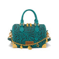 Wrangler Genuine Leather Tooled Floral Boston Crossbody Bag with Charm Chain -Turquoise