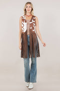 BROWN COW PRINT LONG FRINGE FAUX SUDE VEST