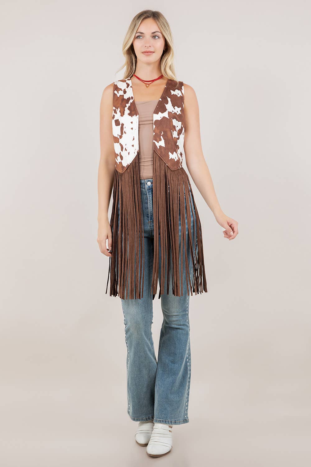 BROWN COW PRINT LONG FRINGE FAUX SUDE VEST