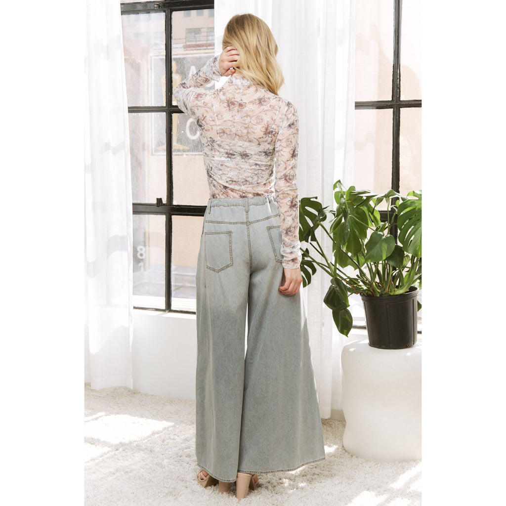 DENIM WIDE LEG OPENING PANTS WITH DRAWSTRING