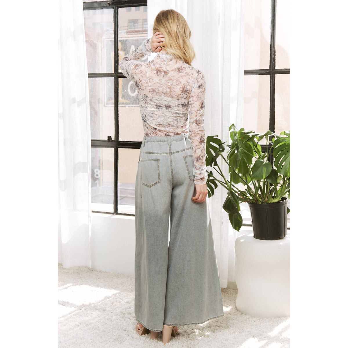 DENIM WIDE LEG OPENING PANTS WITH DRAWSTRING