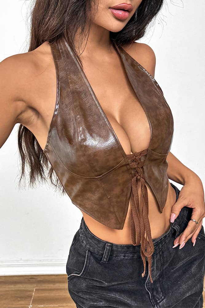 Low Cut Cardigan Halter Tie PU Leather Corset Top