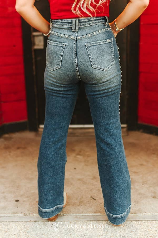 Mid Wash Stretch Denim High Rise Trouser Studded Jeans 31in