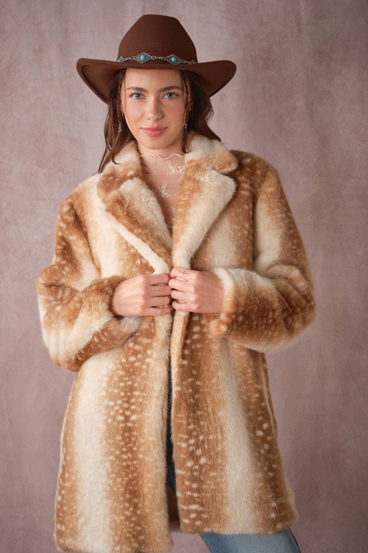 Deer Print Faux Fur Coat