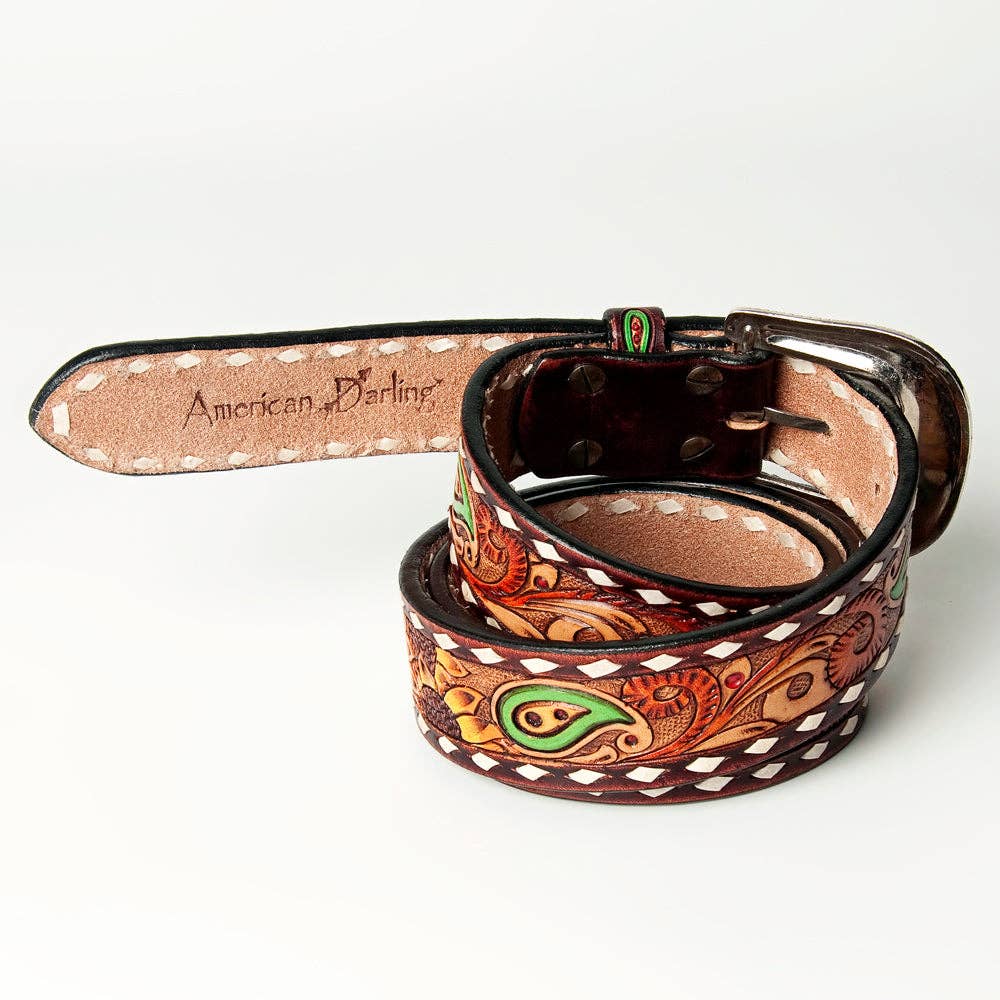 Hand-Tooled Leather Western Belt - Sunflower & Paisley Design with White Diamond Edge