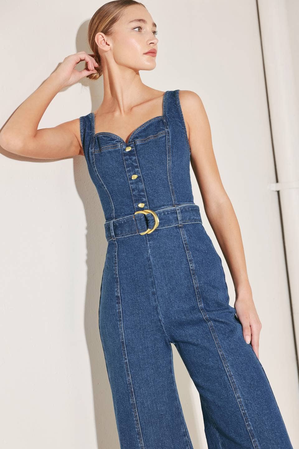 A washed denim jumpsuit