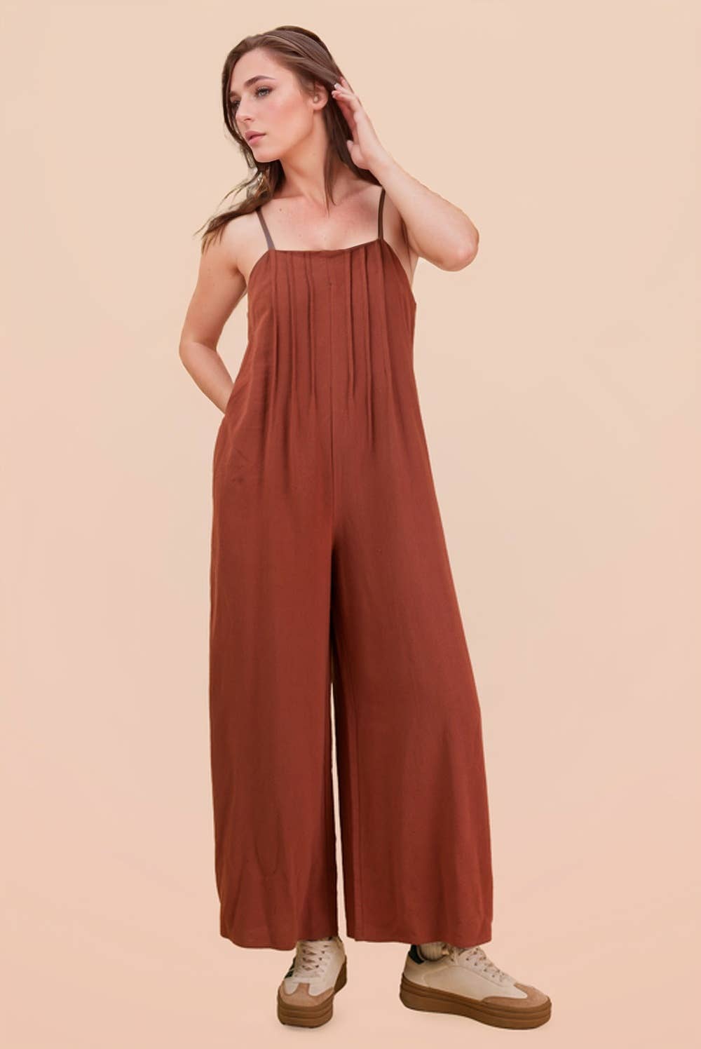 Pleated Solid Woven Sleeveless Jumpsuit