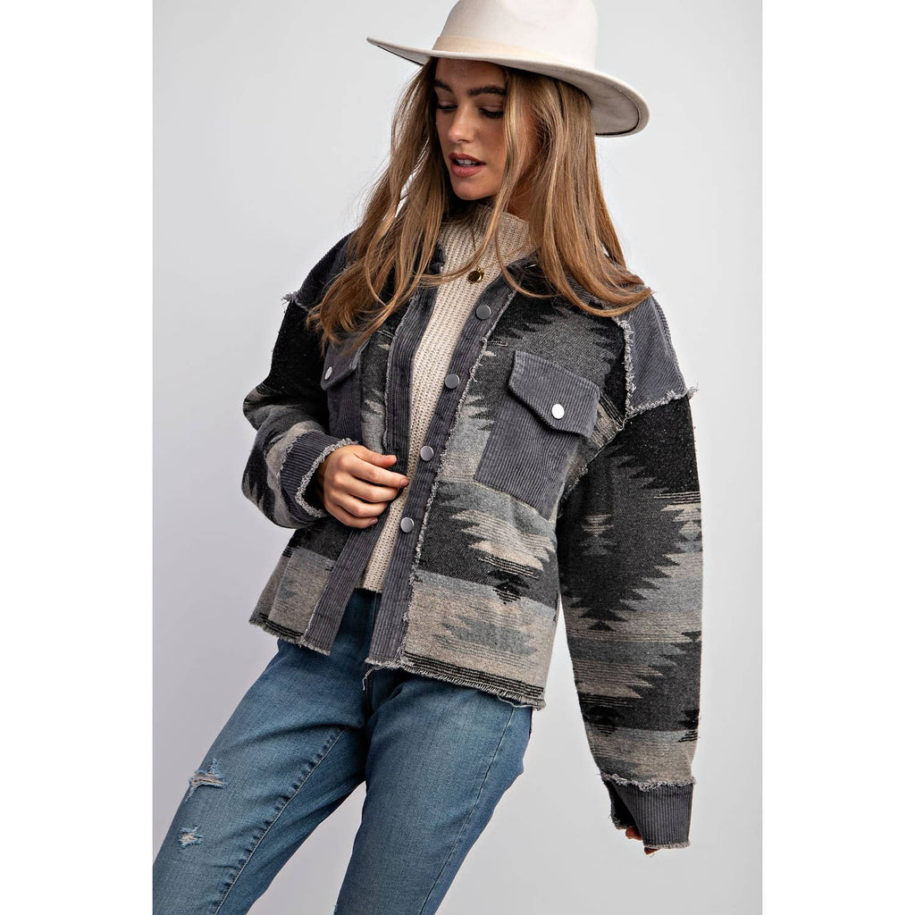 TRIBAL AZTEC PATTERN COLORBLOCK BUTTON DOWN SHIRT JACKET