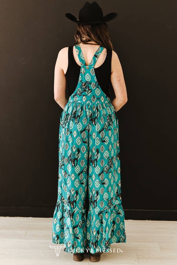 Teal Aztec Cowboy Printed Wide Leg Ruffle Western Jumpsuit