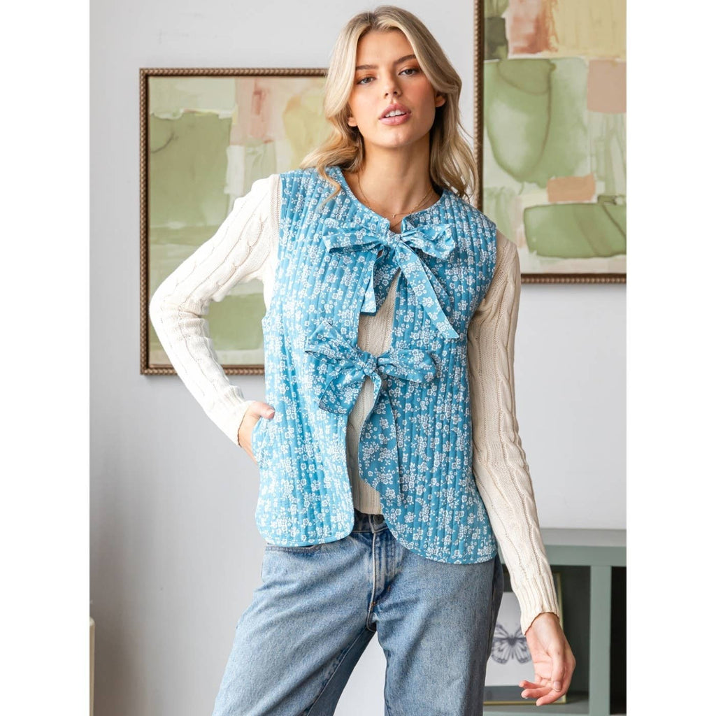 Printed Stripe Quilt Ribbon Tie Vest