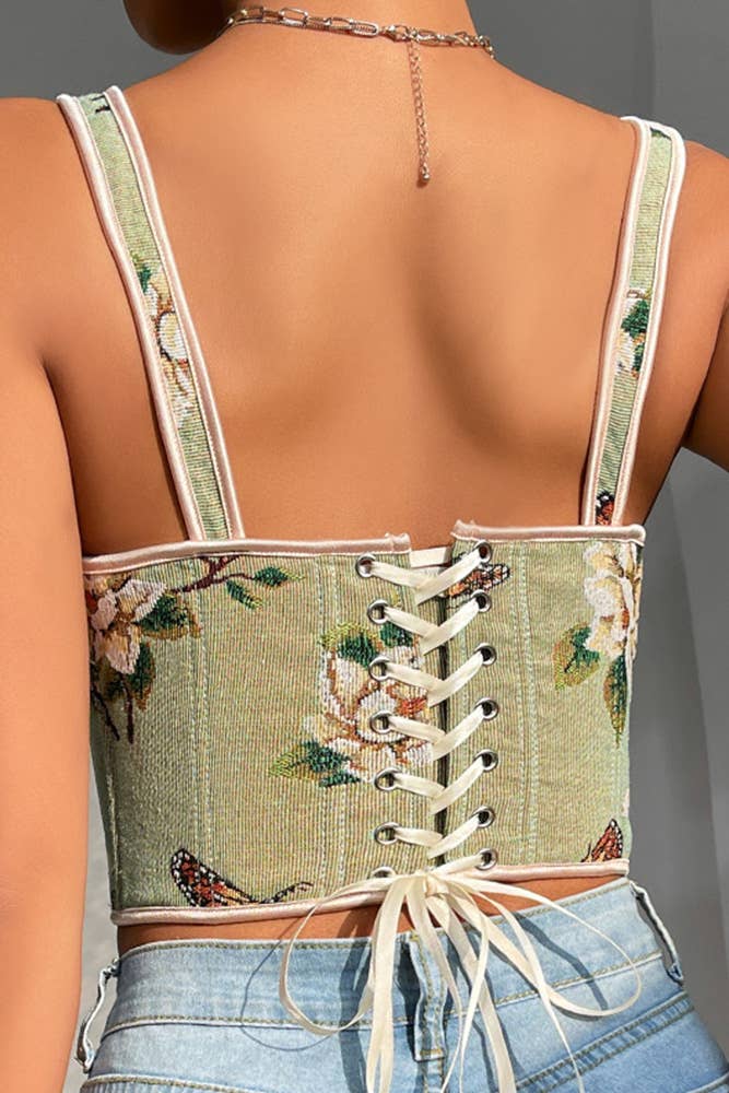 French Bow Tie Floral Print Slim-Fit Tank Top