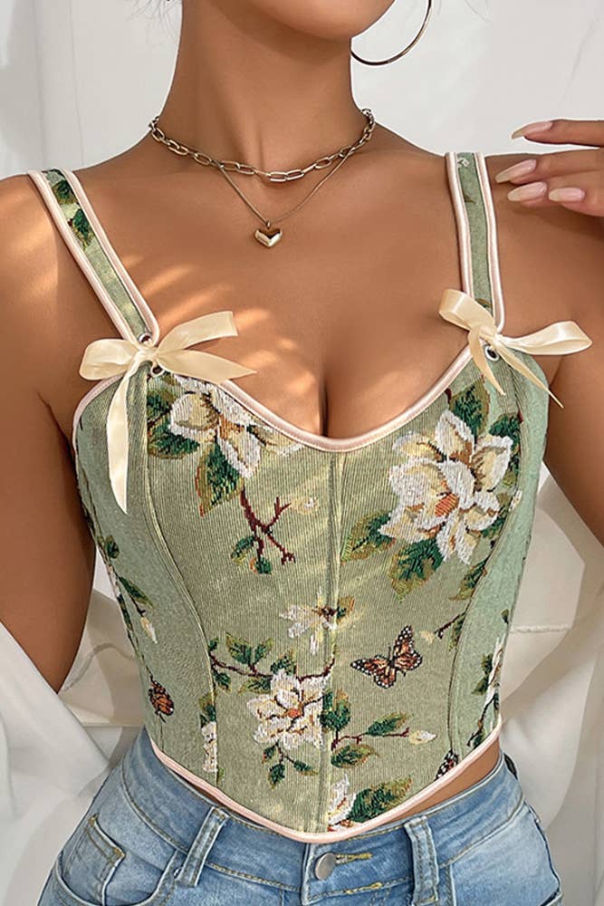 French Bow Tie Floral Print Slim-Fit Tank Top