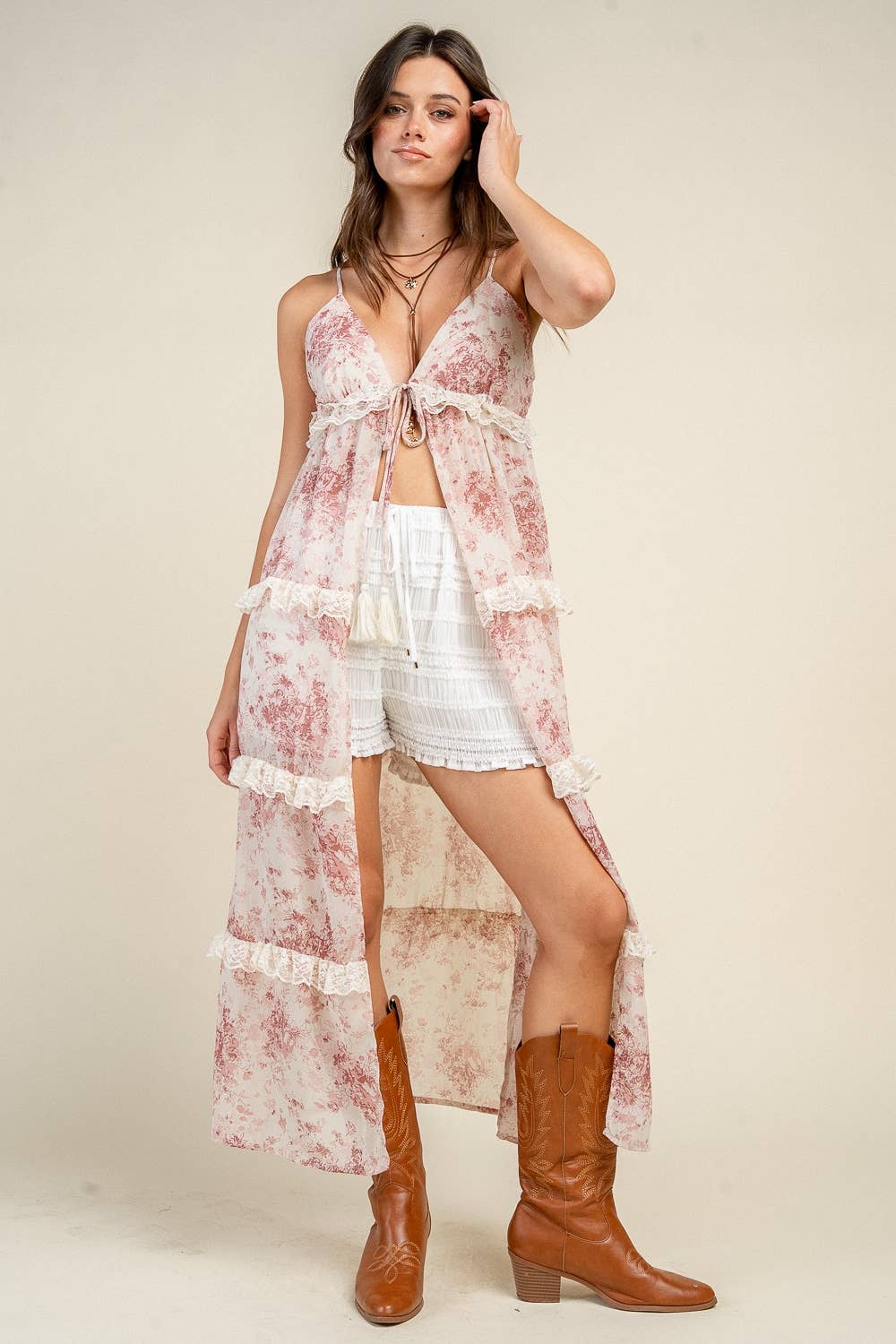 CAMI MIDI TIE FRONT TOP W/ LACE TIERED DETAIL