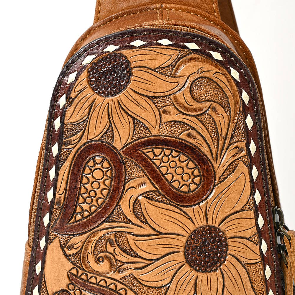 American Darling Western Leather Sling Bag with Hand-Tooled Floral Carving Genuine Leather