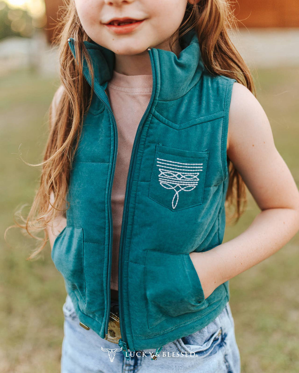 Girls Jade Puffer W Aztec Lining Boot Stitch Detail Vest