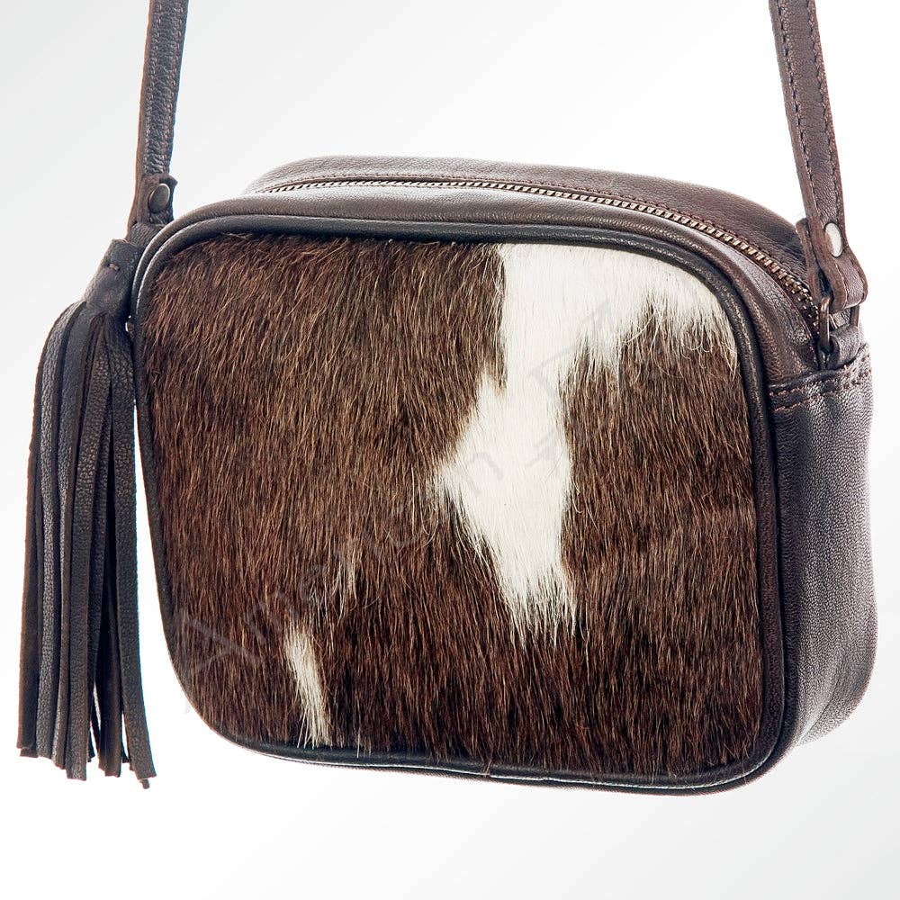 Cowhide Leather Crossbody Bag - Genuine Hair-On Hide with Tassel Accent