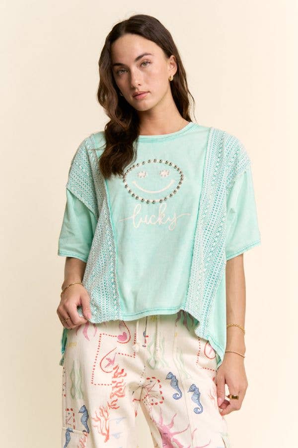 Lucky Smiley Pearl Embellished Boxy Tee
