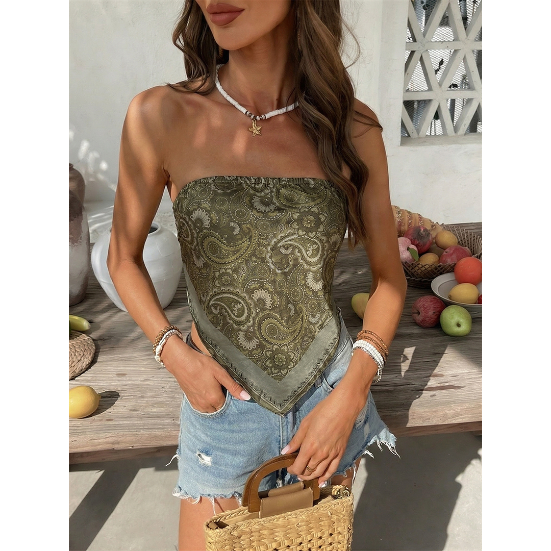 Retro Ethnic Boho Paisley Strapless Tube Top