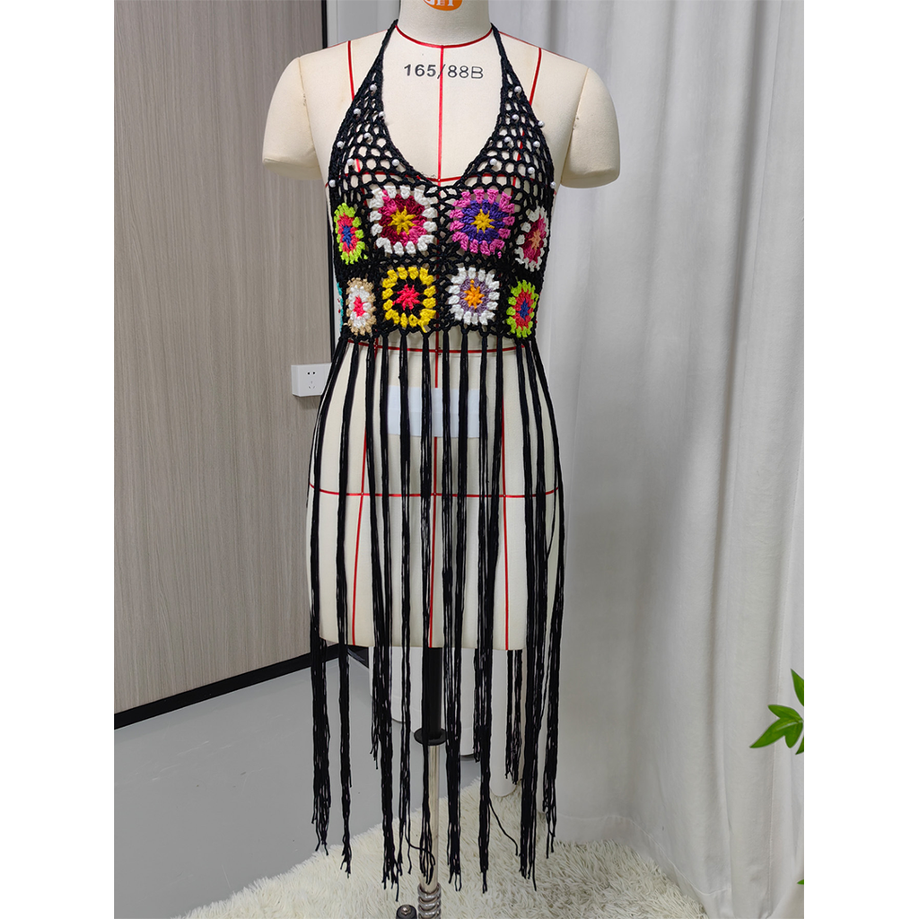Multicolor Tassel Patchwork Tie-Up Beach Cover-Up