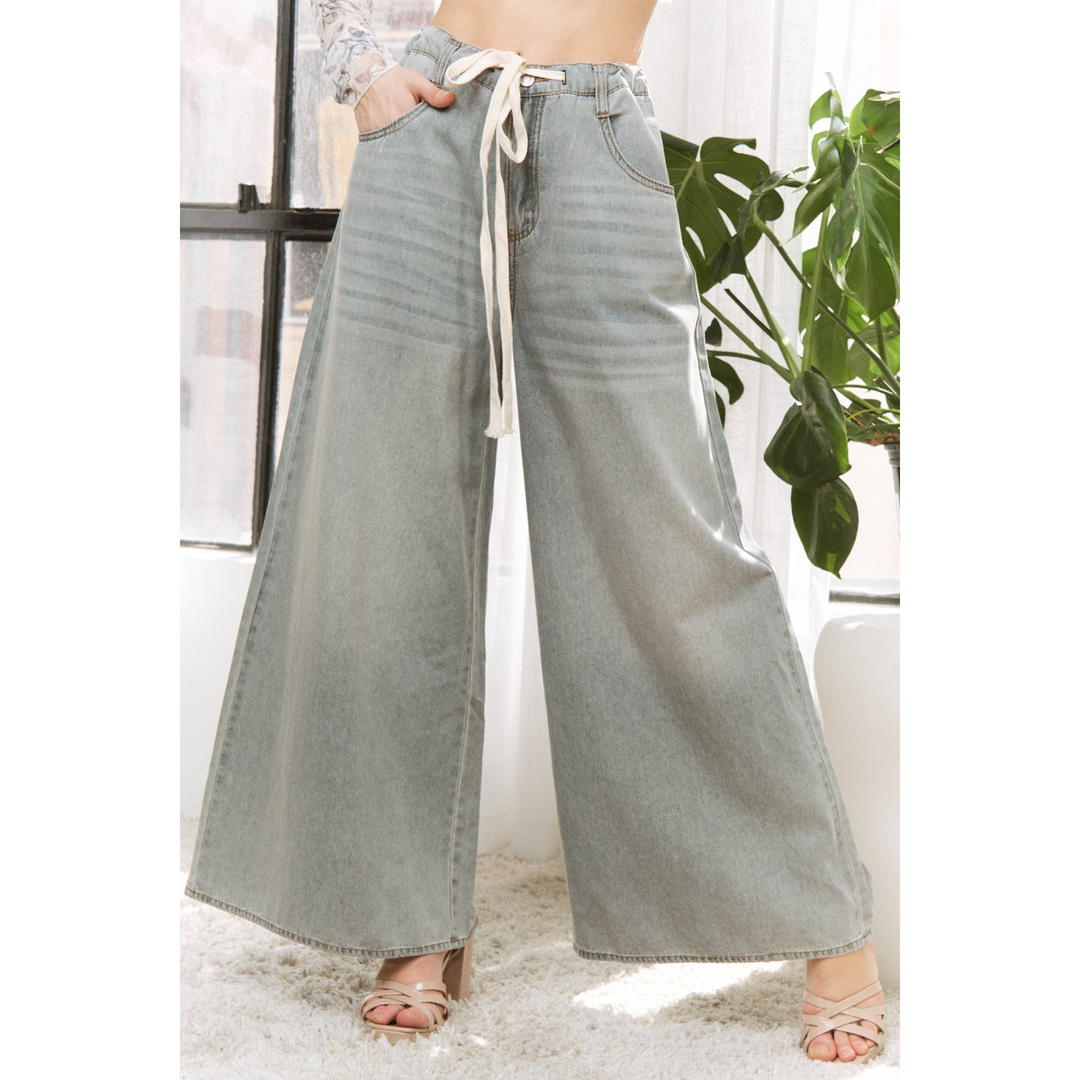 DENIM WIDE LEG OPENING PANTS WITH DRAWSTRING