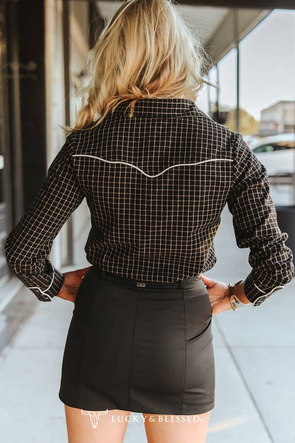 Black Pleated Concho Button Down Snaffle Bit Pocket Skirt